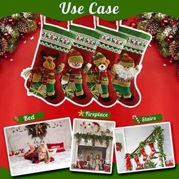 Houwsbaby Set of 4 Christmas Stockings Kit 3D Santa Snowman Bear Reindeer Flax Socks Holders Ornament Gift Bags for Family Xmas Party Supplies, Red, 18.5 inches (04)
