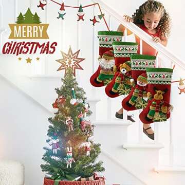 Houwsbaby Set of 4 Christmas Stockings Kit 3D Santa Snowman Bear Reindeer Flax Socks Holders Ornament Gift Bags for Family Xmas Party Supplies, Red, 18.5 inches (04)