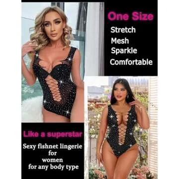 Avidlove Woman Fishnets Lingeries Rhinestone Sparkle Bodysuit Sexy Mesh Lingerie Fishnet Teddy Lingerie Black