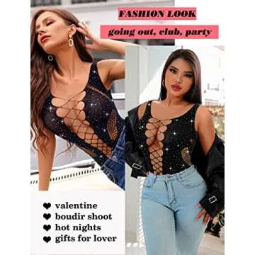 Avidlove Woman Fishnets Lingeries Rhinestone Sparkle Bodysuit Sexy Mesh Lingerie Fishnet Teddy Lingerie Black