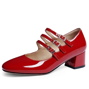 Naiyee Red Mary Janes for Women Stylish Chunky Heel Pumps