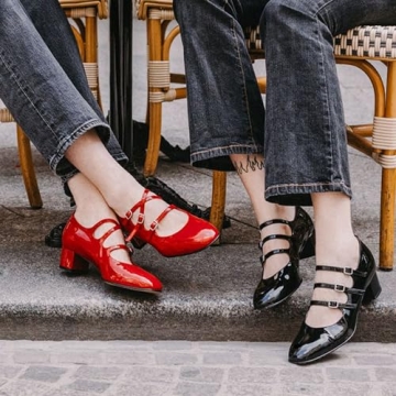 Naiyee Red Mary Janes for Women Stylish Chunky Heel Pumps