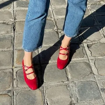 Naiyee Red Mary Janes for Women Stylish Chunky Heel Pumps
