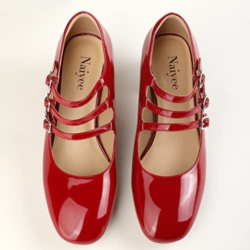 Naiyee Red Mary Janes for Women Stylish Chunky Heel Pumps
