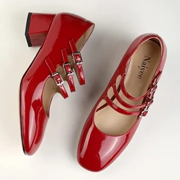 Naiyee Red Mary Janes for Women Stylish Chunky Heel Pumps