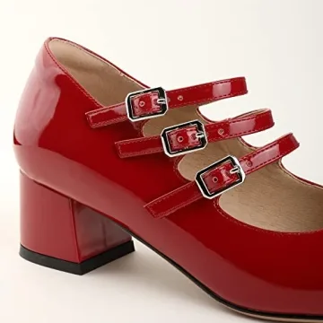 Naiyee Red Mary Janes for Women Stylish Chunky Heel Pumps