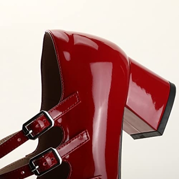 Naiyee Red Mary Janes for Women Stylish Chunky Heel Pumps