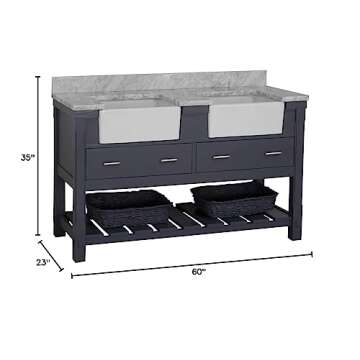 Charlotte 60-inch Double Farmhouse Bathroom Vanity (Carrara/Marine Gray): Includes Marine Gray Cabinet with Authentic Italian Carrara Marble Countertop and White Ceramic Apron Sinks