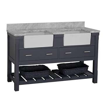 Charlotte 60-inch Double Farmhouse Bathroom Vanity (Carrara/Marine Gray): Includes Marine Gray Cabinet with Authentic Italian Carrara Marble Countertop and White Ceramic Apron Sinks