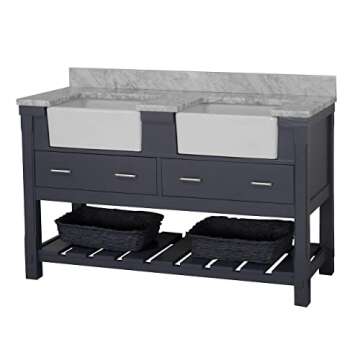 Charlotte 60-inch Double Farmhouse Bathroom Vanity (Carrara/Marine Gray): Includes Marine Gray Cabinet with Authentic Italian Carrara Marble Countertop and White Ceramic Apron Sinks