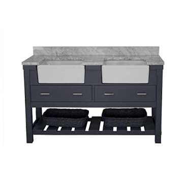 Charlotte 60-inch Double Farmhouse Bathroom Vanity (Carrara/Marine Gray): Includes Marine Gray Cabinet with Authentic Italian Carrara Marble Countertop and White Ceramic Apron Sinks