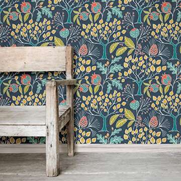 NuWallpaper NU3038 Groovy Garden Navy Peel & Stick Wallpaper, Multicolor
