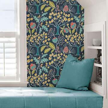 NuWallpaper NU3038 Groovy Garden Navy Peel & Stick Wallpaper, Multicolor