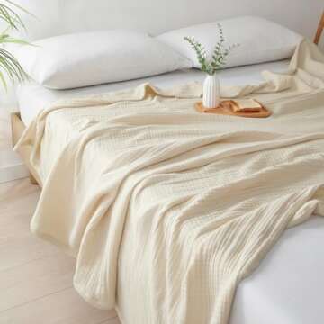 PHF 100% Cotton Muslin Blanket King Size 108" x 90", 4-Layer Lightweight and Breathable Blanket, Luxuriously Soft Gauze Bedding for Couch Bed, Ideal Gift Choice, Beige/Short Bread