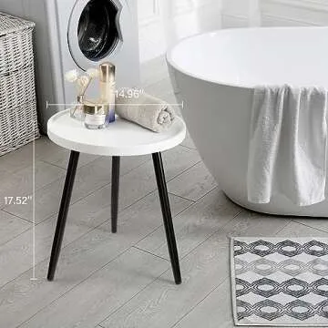 danpinera Round Side Table, Metal Legged Accent Table with Wooden Tray, Small Round End Table for Living Room, Bedroom, Nursery, White & Black