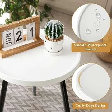 danpinera Round Side Table, Metal Legged Accent Table with Wooden Tray, Small Round End Table for Living Room, Bedroom, Nursery, White & Black