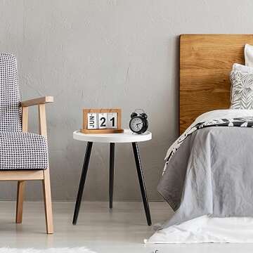danpinera Round Side Table, Metal Legged Accent Table with Wooden Tray, Small Round End Table for Living Room, Bedroom, Nursery, White & Black