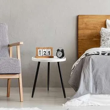 danpinera Round Side Table, Metal Legged Accent Table with Wooden Tray, Small Round End Table for Living Room, Bedroom, Nursery, White & Black