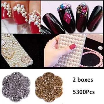 5300Pcs Gold Silver Half Pearls Beads Mix Sizes Flatback Pearls Gems Nail Pearls ABS Round Plastic Beads for Manicure Face Art DIY Crafts Jewelry Shoes Clothes Accessories