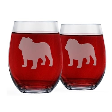Bulldog Wine Glasses (Set of 2) | Unique for Dog Lovers | Hand Etched with Breed Name on Bottom
