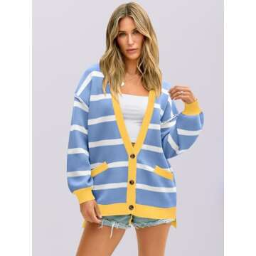 ANRABESS Womens Checkered Striped Cardigan Sweater Long Sleeve Color Block Jacket Oversized Open Fro...