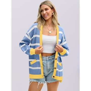 ANRABESS Womens Checkered Striped Cardigan Sweater Long Sleeve Color Block Jacket Oversized Open Front Coat 2025 Fall Fashion Blue White Stripe Large