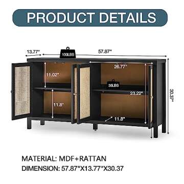 QHITTY Sideboard Buffet Cabinet, Rattan Accent Cabinet Storage Cabinet Console Table with 4 Doors an...