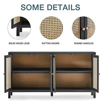 QHITTY Sideboard Buffet Cabinet, Rattan Accent Cabinet Storage Cabinet Console Table with 4 Doors and Adjustable Shelves for Kitchen, Dining Room, Living Room, Hallway (Black)