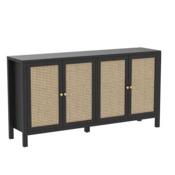 QHITTY Sideboard Buffet Cabinet, Rattan Accent Cabinet Storage Cabinet Console Table with 4 Doors and Adjustable Shelves for Kitchen, Dining Room, Living Room, Hallway (Black)