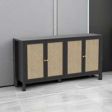 QHITTY Sideboard Buffet Cabinet, Rattan Accent Cabinet Storage Cabinet Console Table with 4 Doors and Adjustable Shelves for Kitchen, Dining Room, Living Room, Hallway (Black)