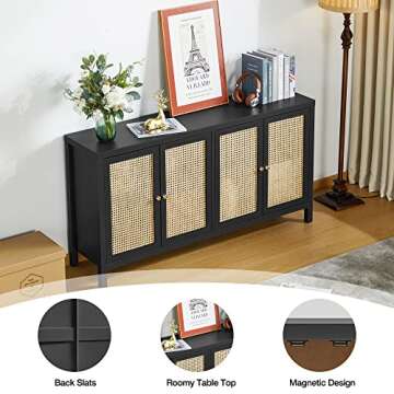 QHITTY Sideboard Buffet Cabinet, Rattan Accent Cabinet Storage Cabinet Console Table with 4 Doors and Adjustable Shelves for Kitchen, Dining Room, Living Room, Hallway (Black)