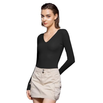 PUMIEY Women's Long Sleeve Sexy Bodysuit in Jet Black