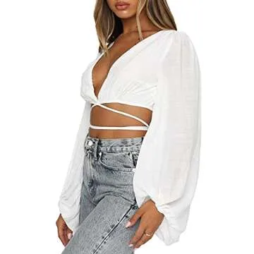 LYANER Women's Wrap V Neck Tie Back Crop Blouse Shirt