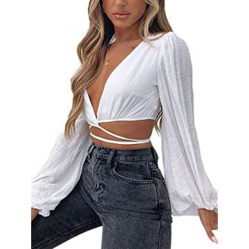 LYANER Women's Wrap V Neck Criss Cross Tie Back Long Sleeve Crop Blouse Shirt Top White Small