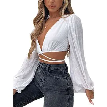 LYANER Women's Wrap V Neck Tie Back Crop Blouse Shirt