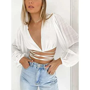 LYANER Women's Wrap V Neck Tie Back Crop Blouse Shirt
