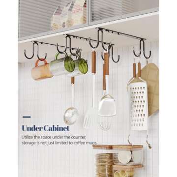 Luckinow Mug Hooks Under Cabinet 3 Pack, Coffee Cup Hooks for Hanging Under Shelf, Mug Organizer Rack with 12 Hooks for Displaying Mugs, Coffee Cups and Kitchen Utensils, Black