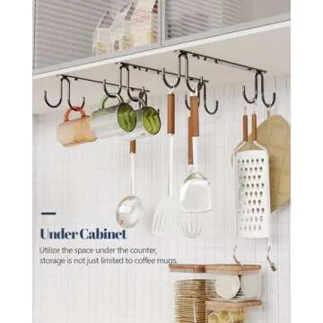 Luckinow Mug Hooks Under Cabinet 3 Pack, Coffee Cup Hooks for Hanging Under Shelf, Mug Organizer Rack with 12 Hooks for Displaying Mugs, Coffee Cups and Kitchen Utensils, Black