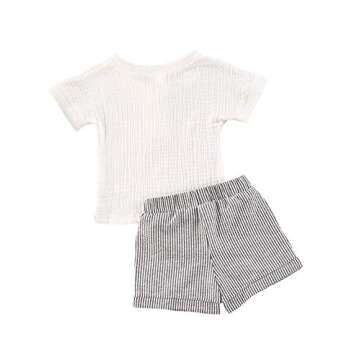 Baby Boys Short Sleeve T-Shirt Tops Elastic Waistband Shorts Set Toddler2Pcs Summer Outfits Clothes (Linen White + Strips, 2-3T)