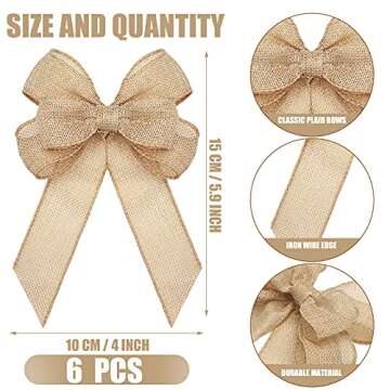 Xinnun 6 Pcs Christmas Burlap Bows Knot Handmade Ribbon Bows Natural Rustic Burlap Wreath Decorative...