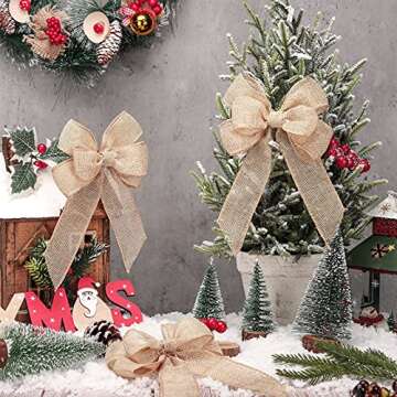 Xinnun 6 Pcs Christmas Burlap Bows Knot Handmade Ribbon Bows Natural Rustic Burlap Wreath Decorative Bowknot Ornament for Christmas Decorate Tree Festival Holiday Party Supplies (Beige, Plain Style)