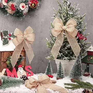 Xinnun 6 Pcs Christmas Burlap Bows Knot Handmade Ribbon Bows Natural Rustic Burlap Wreath Decorative Bowknot Ornament for Christmas Decorate Tree Festival Holiday Party Supplies (Beige, Plain Style)