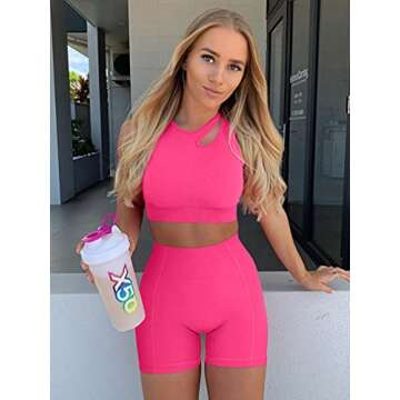 HYZ Women's Sports Yoga 2 Piece Outfits High Waist Stretch Shorts Straps Removable Padded Bra Set Rose