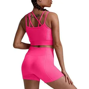 HYZ Women's Sports Yoga 2 Piece Outfits High Waist Stretch Shorts Straps Removable Padded Bra Set Rose