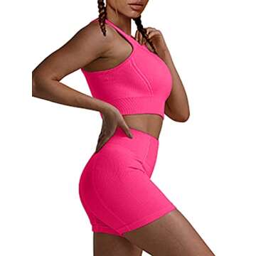 HYZ Women's Sports Yoga 2 Piece Outfits High Waist Stretch Shorts Straps Removable Padded Bra Set Rose