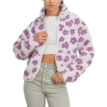 Yeokou Floral Jacket Women Winter Sherpa Fleece Coat Daisy Jacquard Stand Collar Full Zipper Casual ...