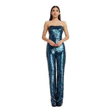 Dress the Population Women's Andy Strapless Sequin Wide Leg Jumpsuit - Deep Teal XX-Large