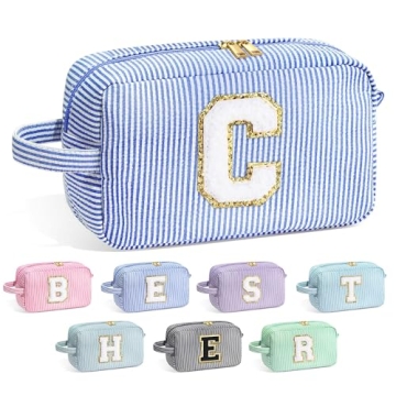 YOOLIFE Makeup Bag for Women - Monogram Cute Initial Blue Makeup Bags Cosmetic Toiletry Pouch Make U...