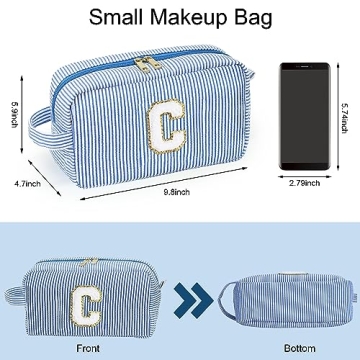 YOOLIFE Makeup Bag for Women - Monogram Cute Initial Blue Makeup Bags Cosmetic Toiletry Pouch Make Up Case for Women Her Best Friend Friendship Sister Teacher, Personalized Birthday Gifts for Women C