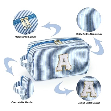 YOOLIFE Makeup Bag for Women - Monogram Cute Initial Blue Makeup Bags Cosmetic Toiletry Pouch Make Up Case for Women Her Best Friend Friendship Sister Teacher, Personalized Birthday Gifts for Women C